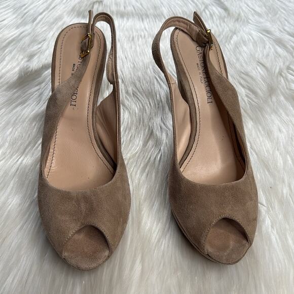 Gastone Lucioli Beige Suede Peep Toe Slingback Heels - Picture 3 of 9